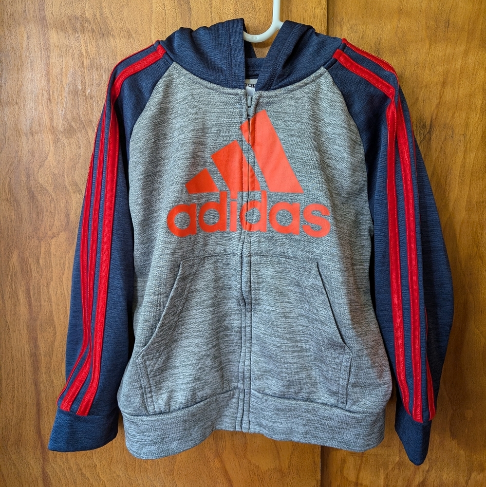 Adidas Kids Gray and Navy Hoodie with Red Orange Accents